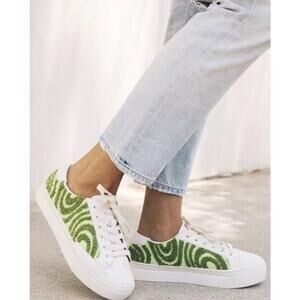 New Ibiza Platform Psychedelic Spiral White Leather And Forest Green 6.5 Boho